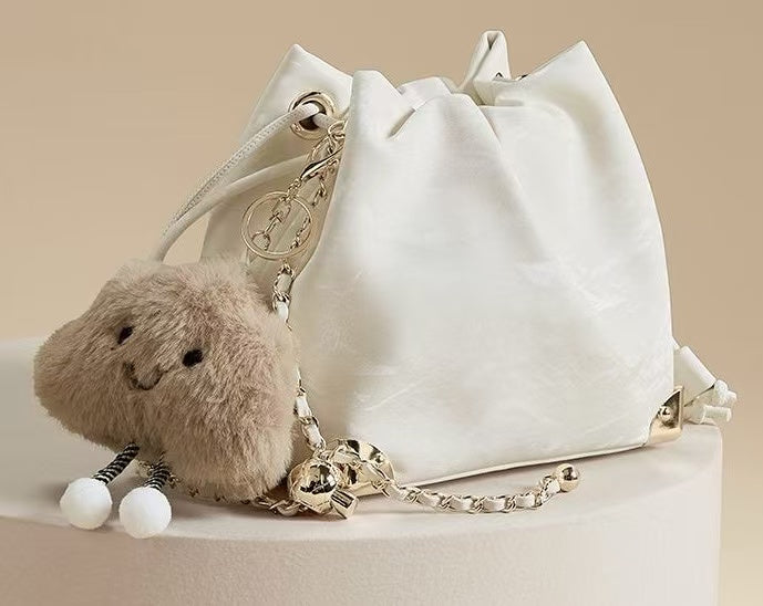 Cute Plush Charm Bucket Bag – Soft Leather Drawstring Shoulder Bag for Women