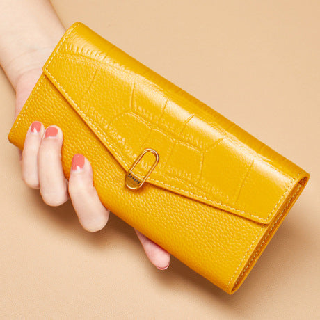 Women's Long Bi-fold Wallet — Genuine Top-Grain Cowhide, Buckle Closure, Multiple Card Slots — 2026 New Arrival (Dropshipping Available)