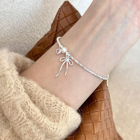 Pure Silver "Sweet Girl" Style Bracelet: Pink Hearts, Bows, Crushed Silver Accents, and Pearls — Simple Japanese-Korean Design